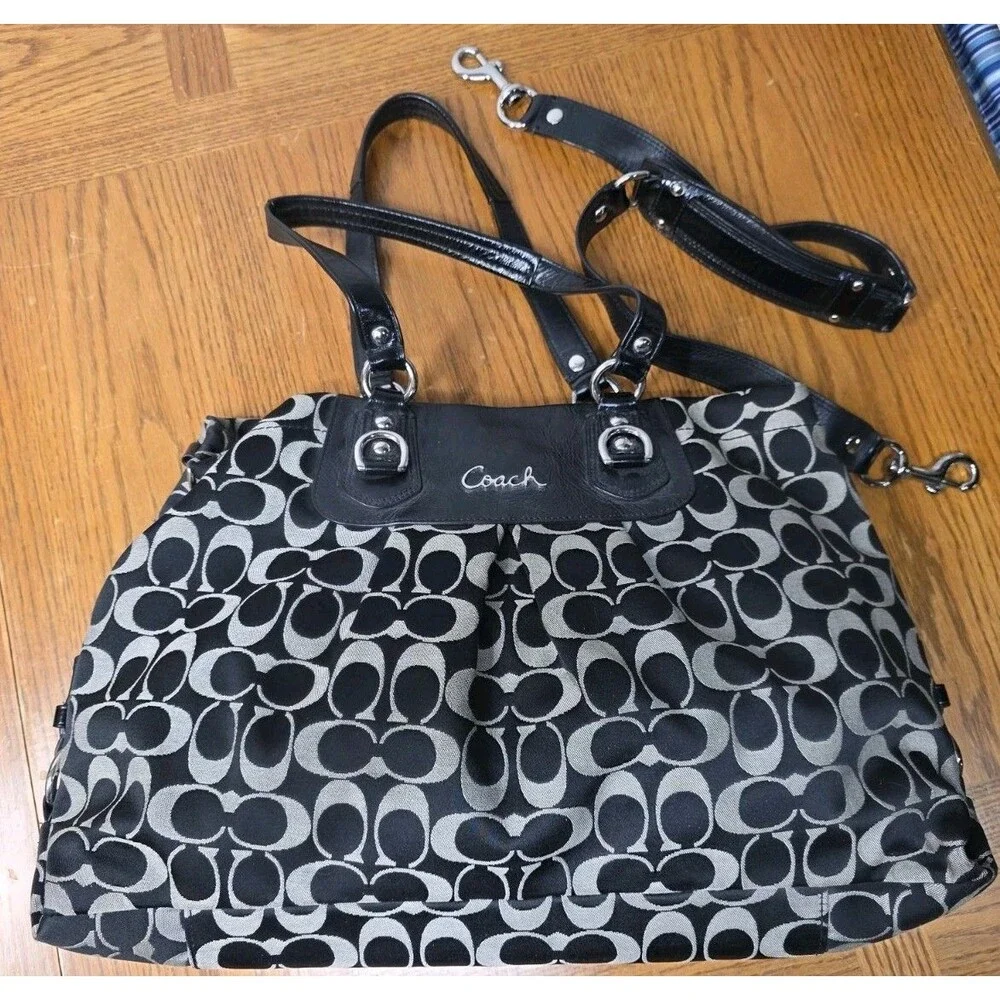 Coach 15510 Ashley Gathered Carryall Satchel Black White Signature EUC